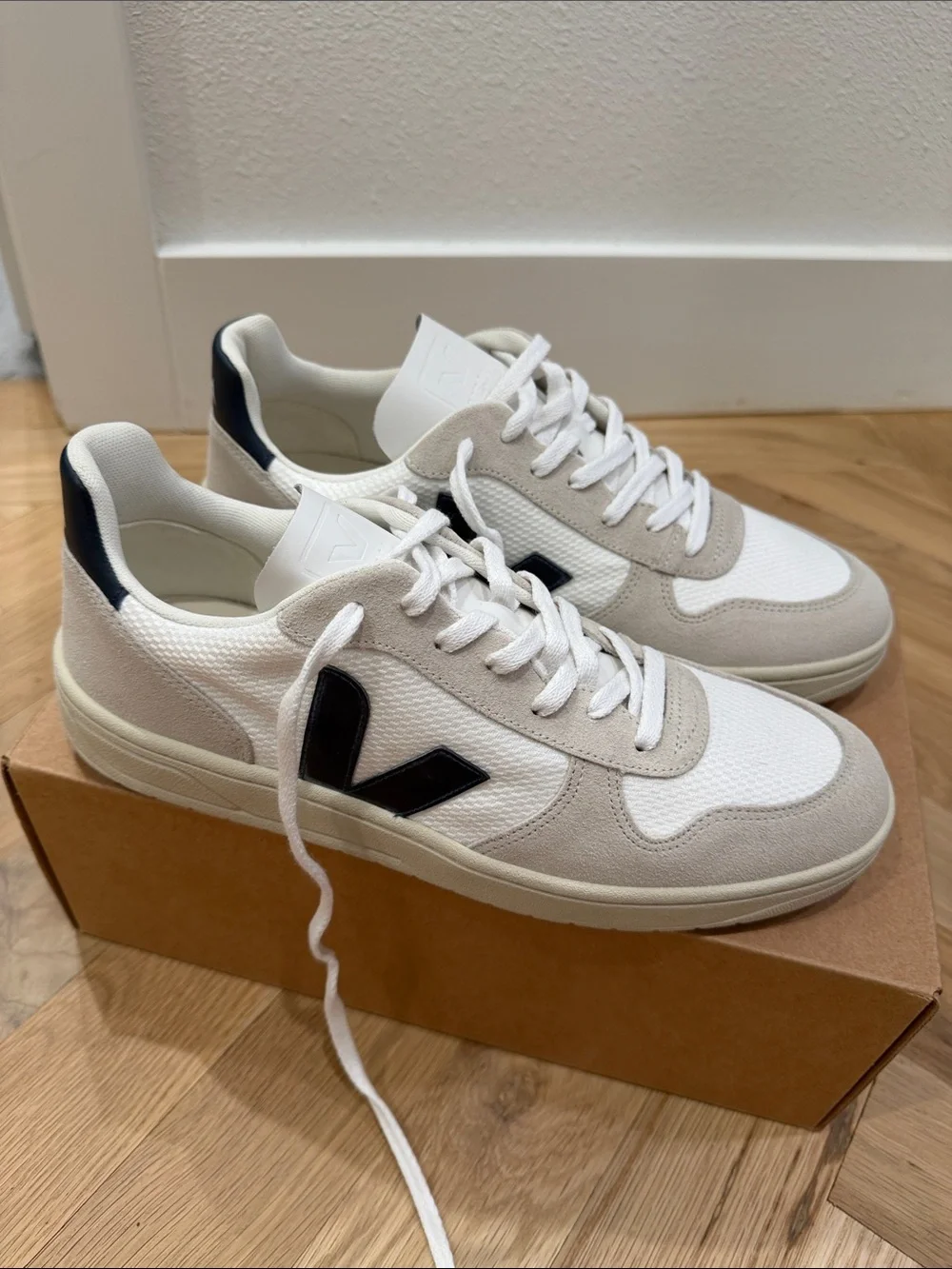 Veja Men's White and Beige Sneakers with Navy V Logo